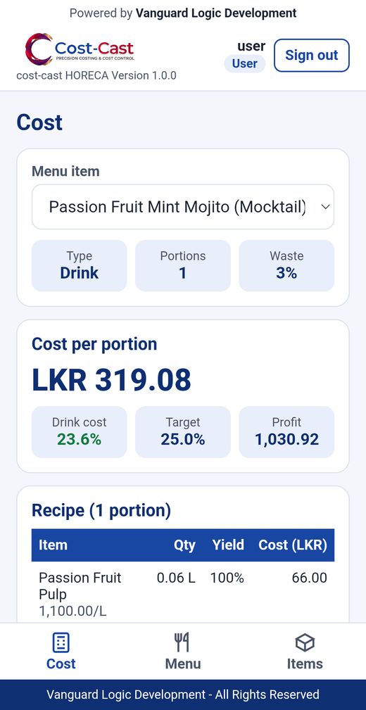 Cost-Cast HORECA screen